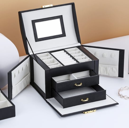 Wielopoziomowa szkatułka LELANI, kuferek na biżuterię L- czarna HEDO