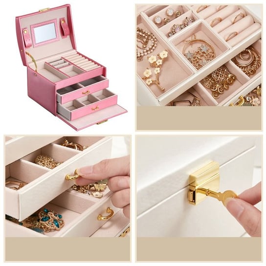 Wielopoziomowa szkatułka LELANI, kuferek na biżuterię Premium - ciemnoróżowa HEDO