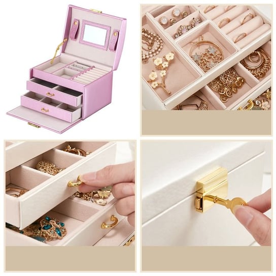 Wielopoziomowa szkatułka LELANI, kuferek na biżuterię Premium - jasnoróżowa HEDO