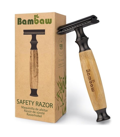 Wielorazowa maszynka do golenia na żyletki, z bambusowym uchwytem, Czarna, Classic Dark, Bambaw Bambaw