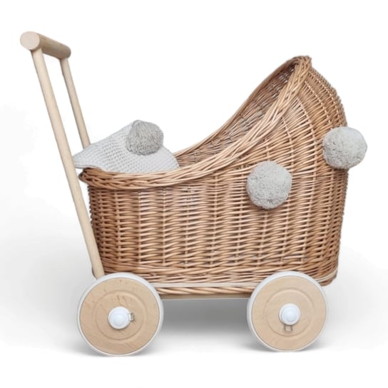 Wiklinowy wózek dla lalek pchacz naturalny z pomponami i pościelką WikliBOX