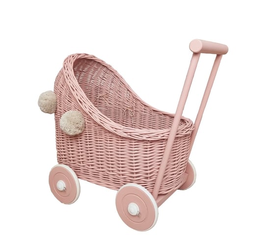 Wiklinowy wózek dla lalek pchacz różowy z pomponami WikliBOX