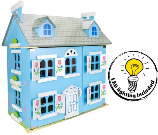 Willa Alpejska Niebieska -  domek dla lalek z wyposażeniem i laleczkami + oświetlenie LED Krakpol