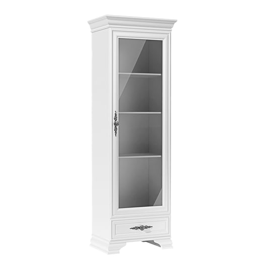 Witryna, szafka do salonu, biała, wysoka, szklana, PREMIUM, szuflada WERSAL Furnimasters