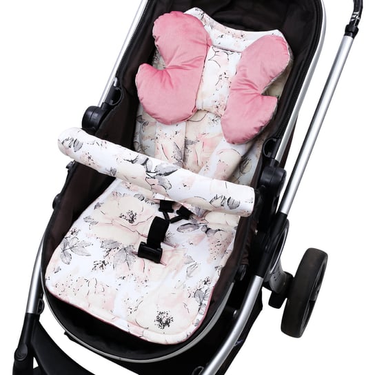 Wkładka do wózka - Podkładka do wózka siedzisko do fotelika dziecięcego oddychający uniwersalny zestaw z osłonką na pasy 75 x 35 cm Róża Totsy Baby