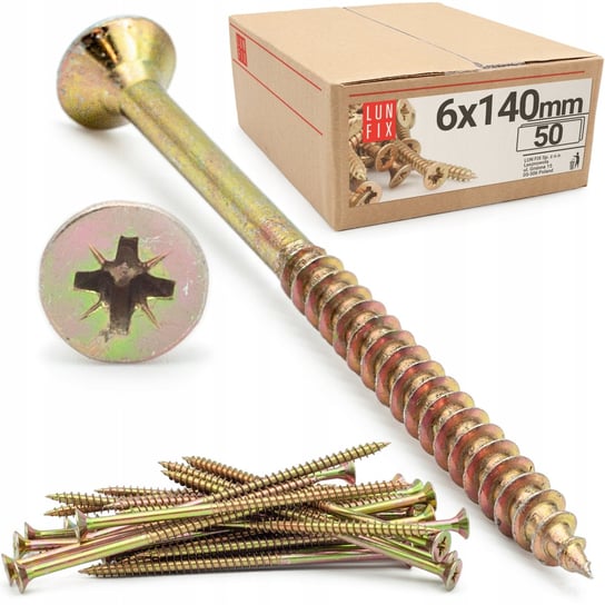 Wkręty do drewna 140 mm hartowane żółte ocynkowane 6x140 uniwersalne 50szt Lun Fix