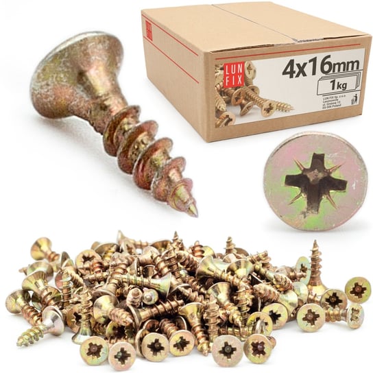 Wkręty do drewna 16 mm hartowane żółte ocynkowane 4x16 uniwersalne 1 kg Lun Fix