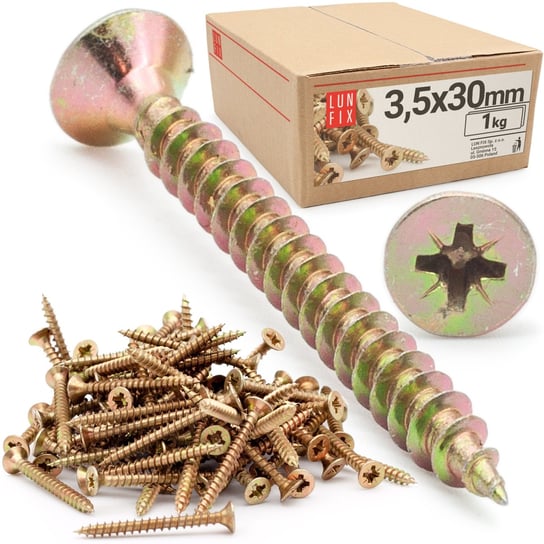 Wkręty do drewna 30 mm hartowane żółte ocynkowane 3.5x30 uniwersalne 1 kg Lun Fix
