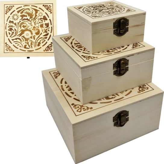 WKS, Zestaw 3 sztuk pudełek drewnianych wypalanych 16x16 WKS