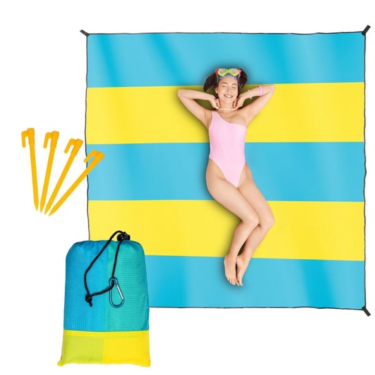 Wodoodporna mata plażowa koc piknikowy 210x200 cm niebieska w żółte pasy Bauerkraft
