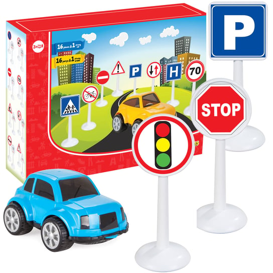Woopie, zestaw edukacyjny mini znaków drogowych z samochodzikiem Woopie