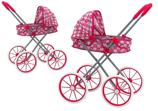 Wózek Dla Lalek Duże Koła Składany Różowy Serduszka Lean Toys