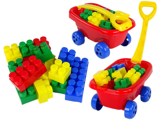 Wózek do Ciągnięcia z Kolorowymi Klockami K3 Czerwony Lean Toys