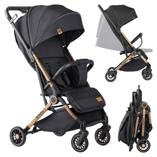 Wózek spacerowy Tulano Milan 35 z moskitierą, kompaktowy, 5,5 kg, składany, z pokrowcem na nogi, czarno-złoty Tulano