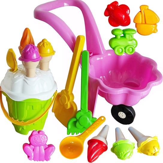 Wózek taczka „Stokrotka” z zestawem zabawek plażowych „Lody”. Foremki,  wiaderko zamek, grabki, łopatka Inna marka
