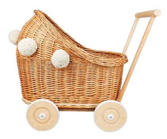 Wózek wiklinowy dla lalek NATURALNY + pompony CandyOwl