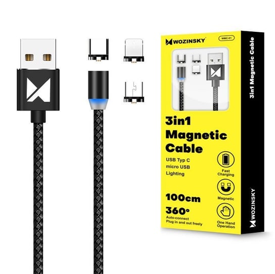 Wozinsky magnetyczny kabel przewód USB / micro USB / USB Typ C / Lightning 1m z diodą LED czarny (WMC-01) Wozinsky
