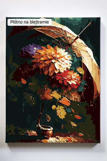 Wspomnienie jesieni, kwiaty, parasol, deszcz, malowanie po numerach Akrylowo