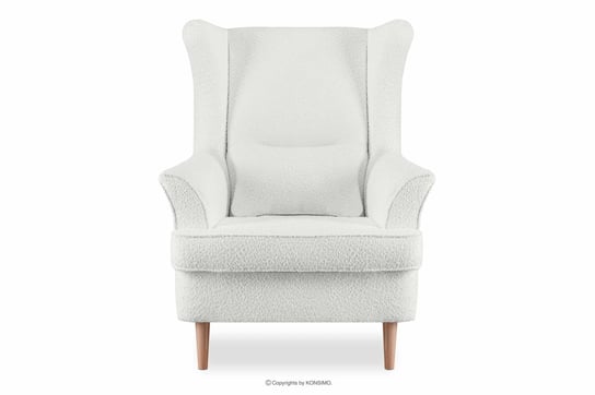 Wygodny fotel uszak biały w tkaninie boucle STRALIS Konsimo Konsimo