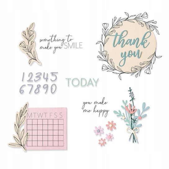 WYKROJNIK do papieru Sizzix Framelits + STEMPEL napisy kwiaty cyfry Sizzix