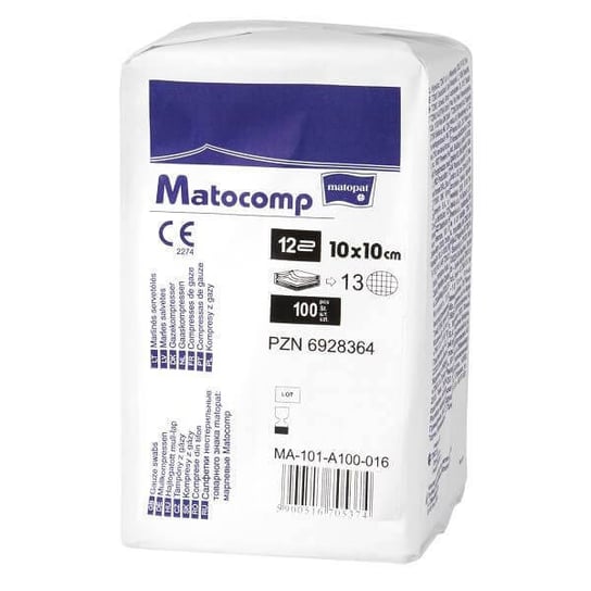 Wyrób medyczny, Matocomp, kompresy niejałowe, 10 cm x 10 cm, 13-nitkowe, 100 sztuk TZMO