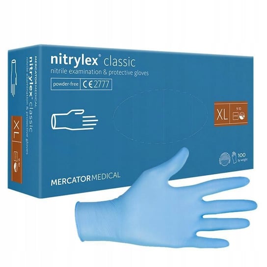 Wyrób medyczny, RĘKAWICZKI NITRYLOWE MERCATOR NITRYLEX CLASSIC XL NIEBIESKIE 100 SZT. GFA DU DOMAINE DE LA ROLIERE