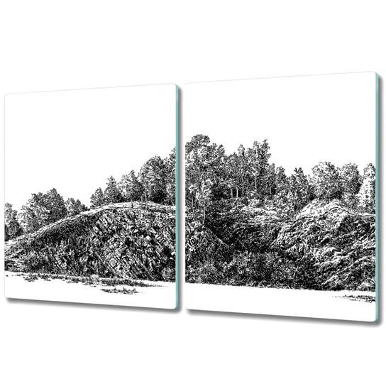 Wytrzymała Deska Kuchenna ze Szkła Hartowanego - 2x 40x52 cm - Czarno-białe kamienne wzgórze szkic Coloray