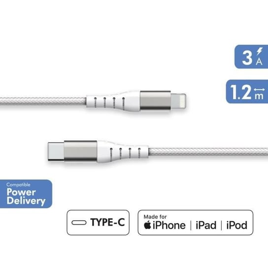 Wzmocniony kabel USB C/Lightning 1,2 m 3 A z gwarancją dożywotniego koloru, biały – plastik w 100% z recyklingu Force Power Lite Inna marka