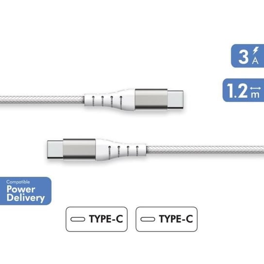 Wzmocniony kabel USB C/USB C 1,2 m 3 A z gwarancją dożywotniego koloru, biały – plastik w 100% z recyklingu Force Power Lite Inna marka