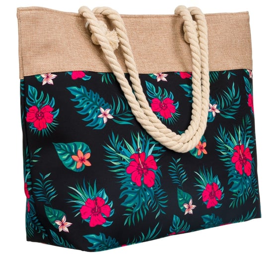 Wzorzysta torba plażowa shopper wzór kwiatowy, czarny Cavaldi
