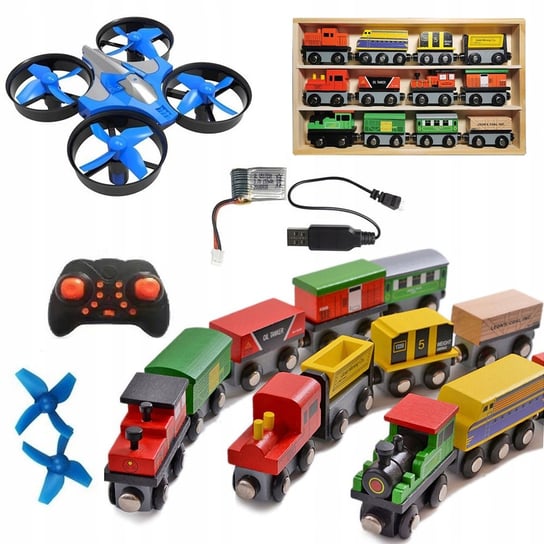 Zabawka dron, zdalnie sterowany z pilotem, niebieski ,,Blue Motion'' + Drewniana kolejka / pociąg ""Mały Konduktor""  na magnes 12szt. Inna marka
