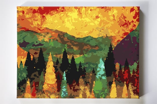 Zachód nad lasem, drzewa, kolory, malowanie po numerach, blejtram Akrylowo
