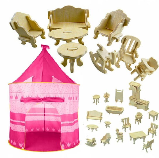 Zamek - namiot dziecięcy różowy, ,,Princess Paradise"" + Mebelki do domku dla lalek drewniane 34 elementów ,,Dream house'' Inna marka