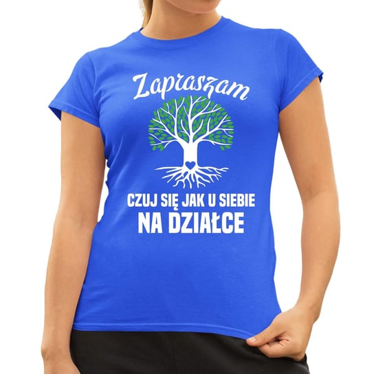 Zapraszam, czuj się jak u siebie na działce - damska koszulka na prezent Niebieska Koszulkowy