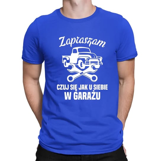 Zapraszam, czuj się jak u siebie w garażu - męska koszulka na prezent Niebieska Koszulkowy