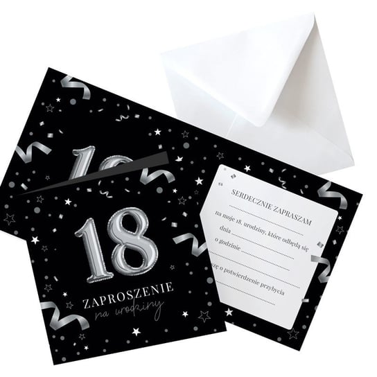 Zaproszenia na 18 urodziny czarno-srebrne, 10szt (+koperty) NiebieskiStolik