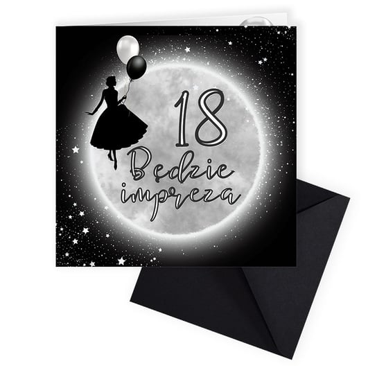 Zaproszenia na 18 Urodziny Premium Księżycowa Noc / czarna koperta - 10 sztuk Szalony Kot