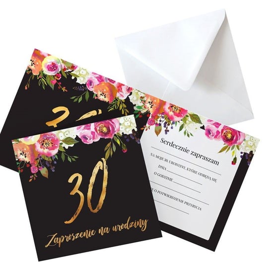Zaproszenia na 30 urodziny boho eleganckie z kwiatami, 10szt (+koperty) NiebieskiStolik
