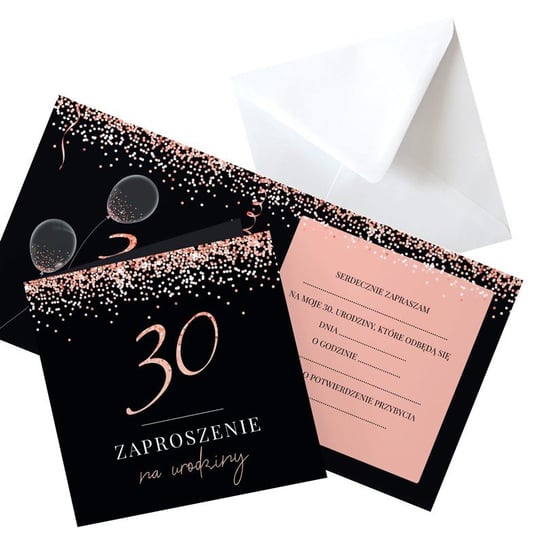 Zaproszenia na 30 urodziny rosegold black, 10szt (+koperty) NiebieskiStolik