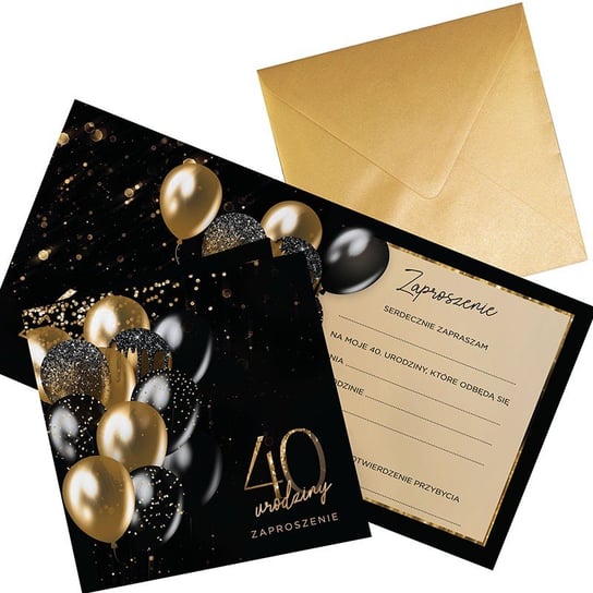 Zaproszenia na 40 urodziny Black&Gold Balloons 10szt (+koperty) sklepyKOKA