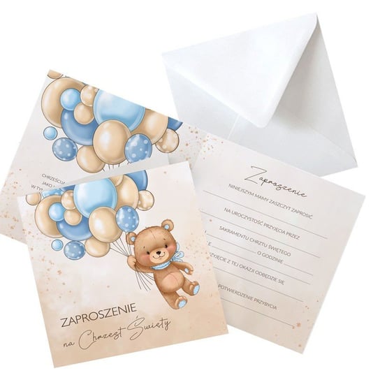 Zaproszenia na Chrzest chłopca Miś i baloniki błękit 10szt (+koperty) sklepyKOKA