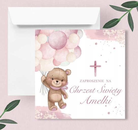 Zaproszenia na Chrzest Chrzciny zaproszenie Baby Pink Bear Imię Koperta / Aureli Inna marka