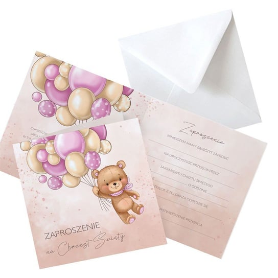 Zaproszenia na Chrzest dziewczynki Miś i baloniki róż 10szt (+koperty) sklepyKOKA