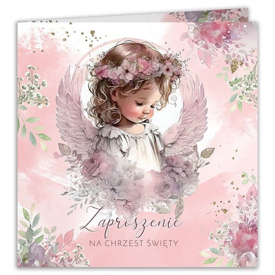 Zaproszenia na Chrzest dziewczynki różowe z aniołkiem 10szt (+koperty) sklepyKOKA