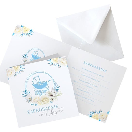 Zaproszenia na chrzest kwiatowy wózek błękit, 10szt (+koperty) NiebieskiStolik