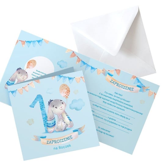Zaproszenia na roczek chłopca króliczek z balonem, 10szt (+koperty) NiebieskiStolik
