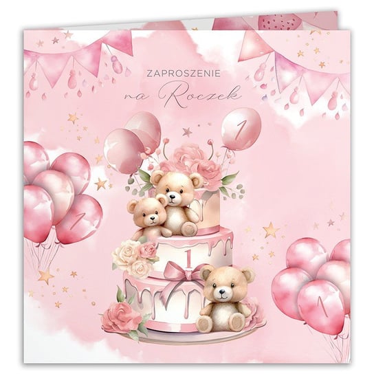 Zaproszenia na Roczek dziewczynki Misie z tortem Różowe 10szt (+koperty) sklepyKOKA