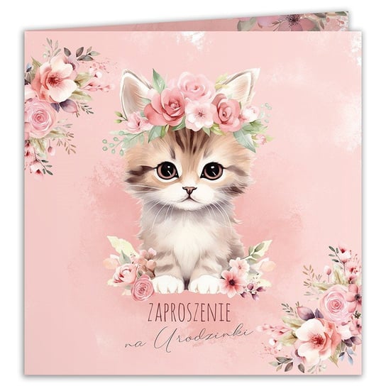 Zaproszenia na urodziny dziewczynki Kotek w kwiatach 10szt (+koperty) sklepyKOKA
