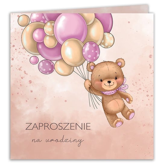 Zaproszenia na urodziny dziewczynki Miś i baloniki róż 10szt (+koperty) sklepyKOKA