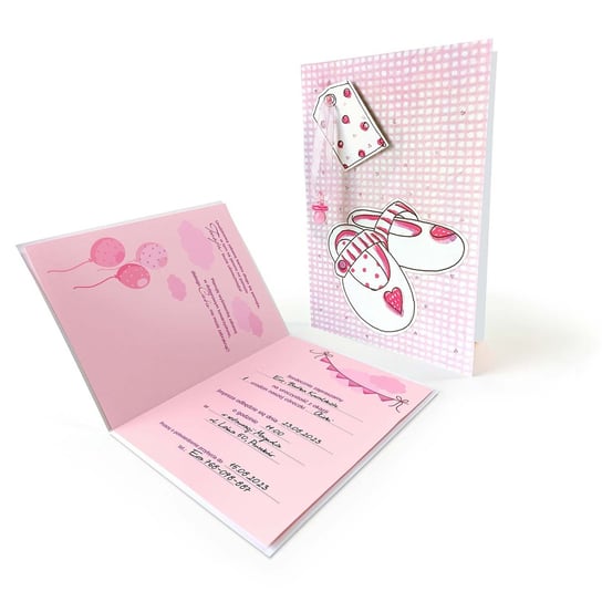 Zaproszenia na urodziny  Różowe buciki dziecięca, aplikacja plastikowy smoczek 63316 Forum Design Cards